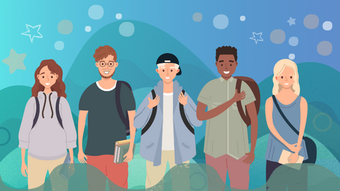 Illustration von 5 lächelnden Jugendlichen