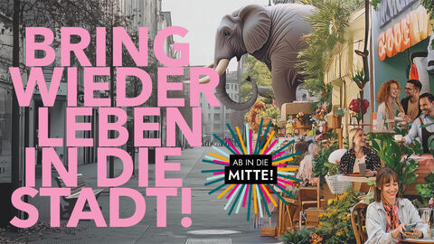 Ein zweigeteiltes Bild, links eine graue Stadt ohne Leben, rechts eine ganz bunte Stadt mit vielen Personen und exotischen Tieren wie einem Flamingo. Darauf der Schriftzug "Bring wieder Leben in die Stadt"